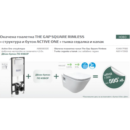 Окачена тоалетна THE GAP SQUARE RIMLESS плюс структура и бутон ACTIVE ONE плюс тънка седалка и капак